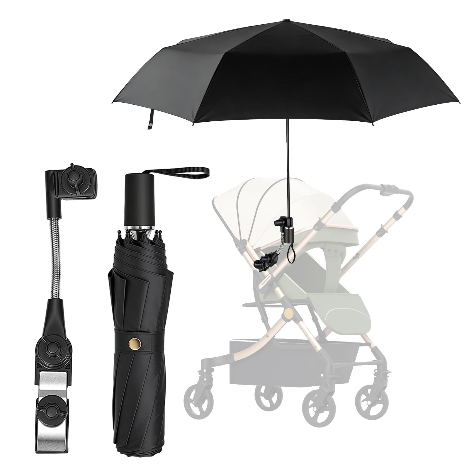 Pram Umbrella, Pram Parasol UPF50+ UV Protection with a Multi-Functional Stand Adjustable Sun and Wind Protection Umbrella Pushchair Parasol Universal for All Strollers Prams (Black)