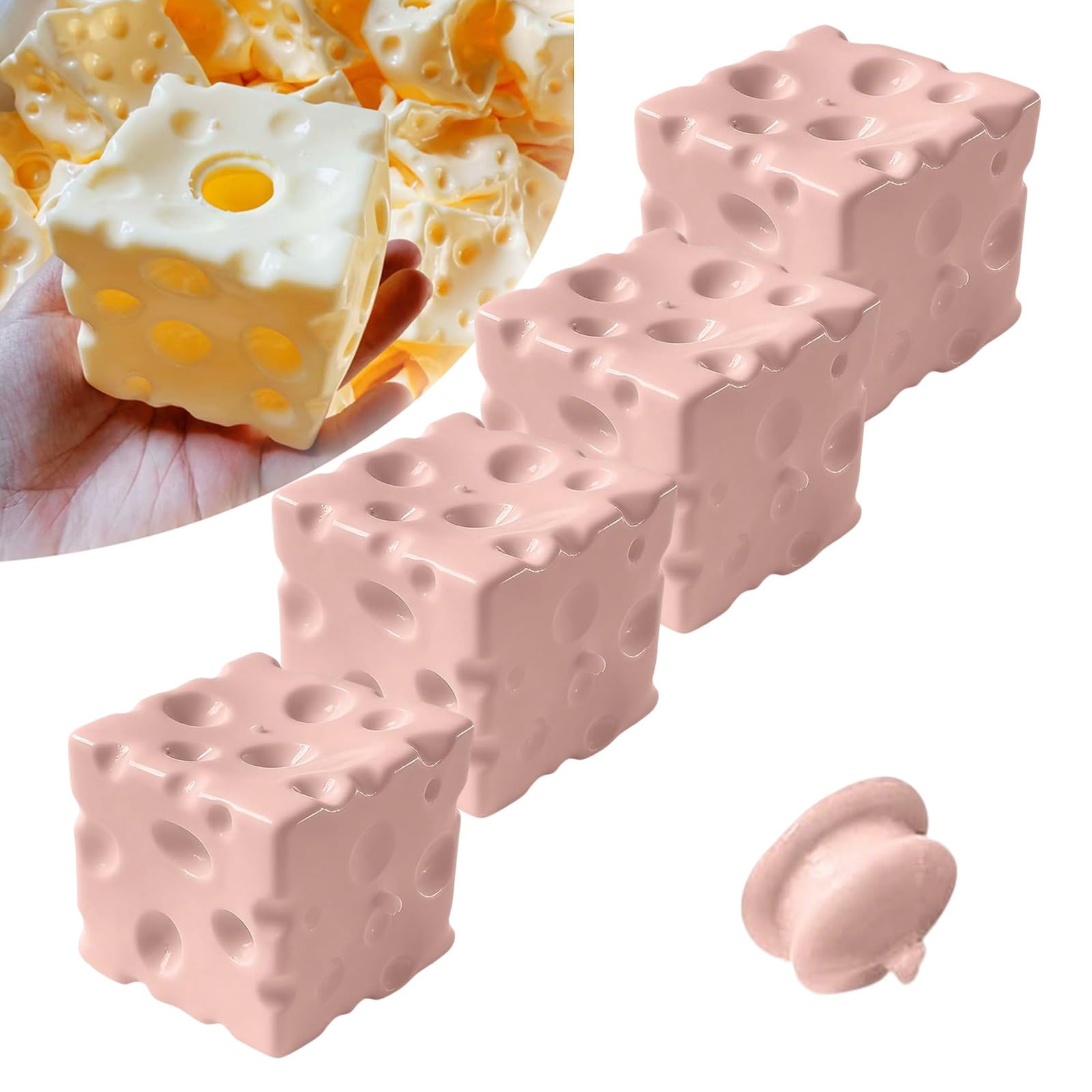 Pink Cheese Squishy Stress Ball Shells, TPR Soft Cheese-Shaped Squeeze Toy Bases with Hole Plugs, DIY Slow-Rise Fidget Toys for Anxiety Relief, Sensory Play Adults (No Fillings Included)(Pink-4PCS)