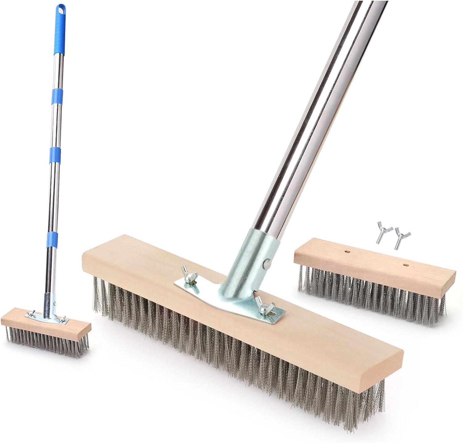 Stainless Steel Wire Scrub Brush with 63" Long Handle, 2PCS 8" Brush Heads, Heavy Duty Large Wire Brush, Stiff Metal Bristle Floor Scrubber, Patio Floor Cleaning, Wire Broom for Concrete, Deck, Moss