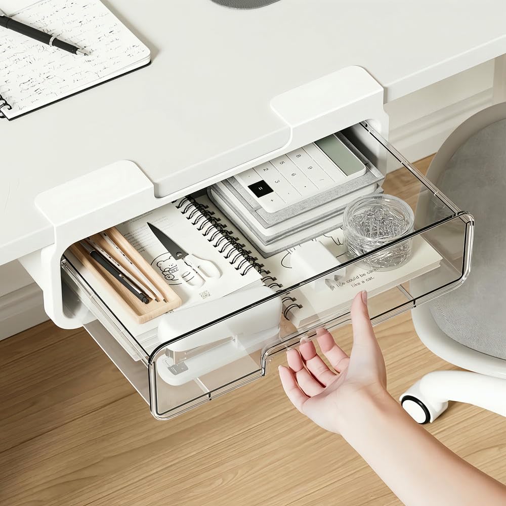 SYJYM - Organizador de cajones ocultos para debajo del escritorio, diseño transparente, suministros de oficina, cosméticos, ahorra espacio, cajón de escritorio para el hogar