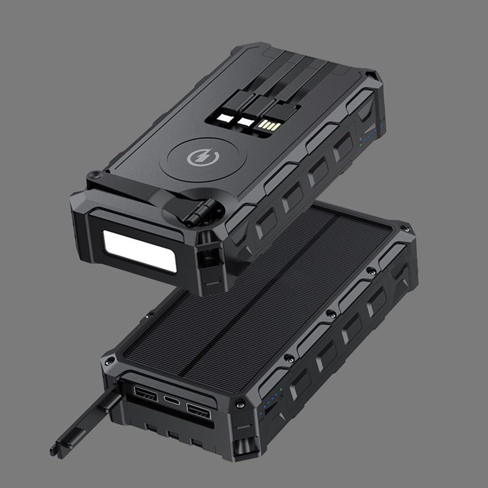 Powerbank Solaire - Caricabatterie portatile veloce con luce incorporata, batteria esterna pieghevole con allarme SOS e integrata per donne, uomini e adolescenti