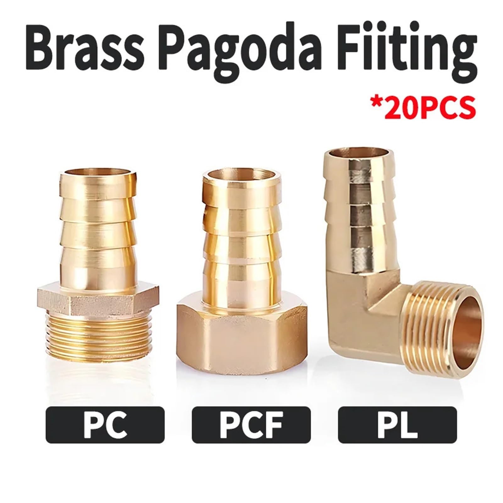 Mosiężne złączki wężowe z końcówką typu barb, 20 sztuk złączek mosiężnych Pagoda z kolcem 6-16 mm i gwintem BSP 1/8''-1/2''(Pl (20 Pcs),Barb 12mm-1I8)