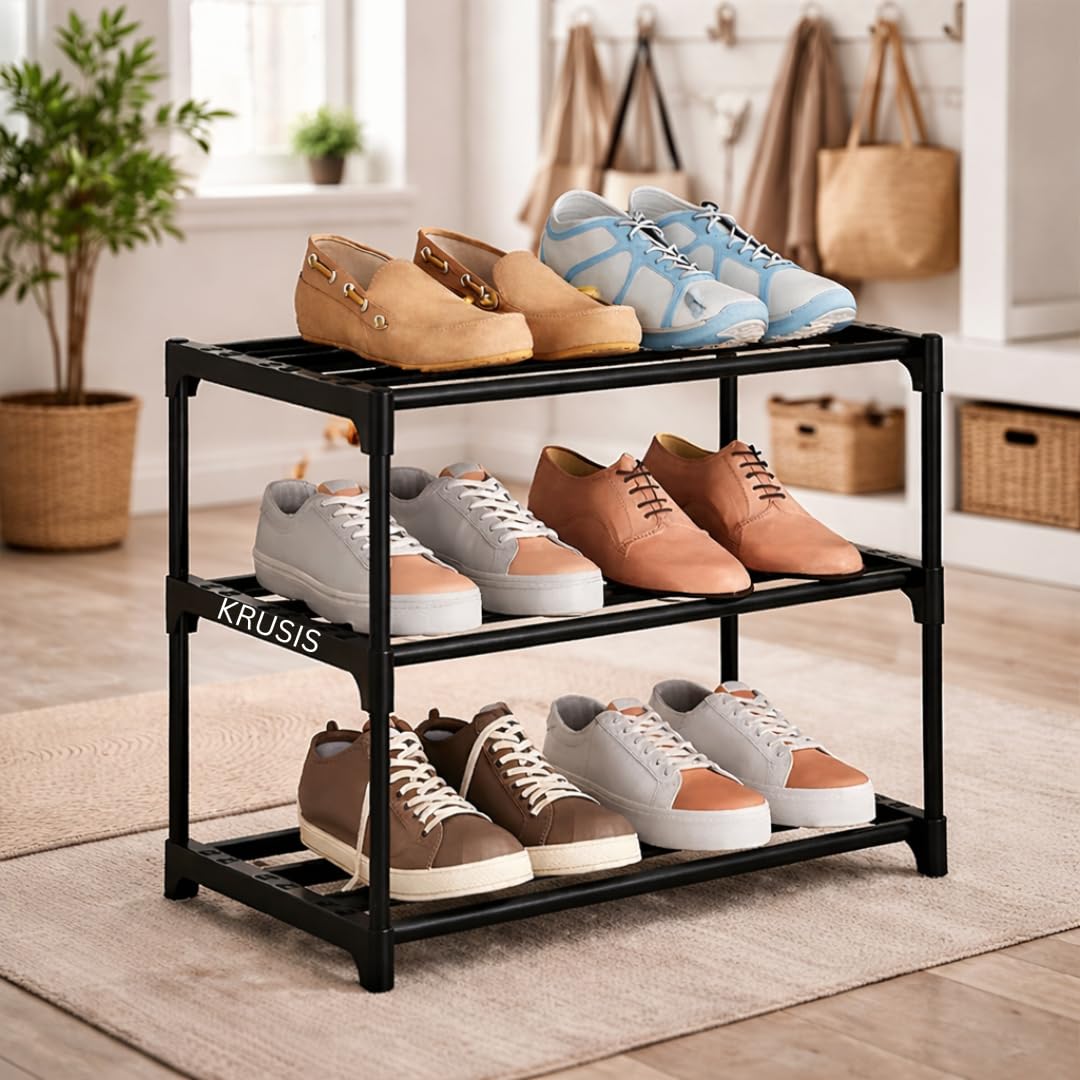 Shoe Rack, Compact Storage Organiser for FootwearKrusis 3-Tier Plastic Shoe Rack | Space-Saving Foldable Footwear Organizer Stand | Heavy Duty Multipurpose Storage Shelf for Entryway & Home-image-19