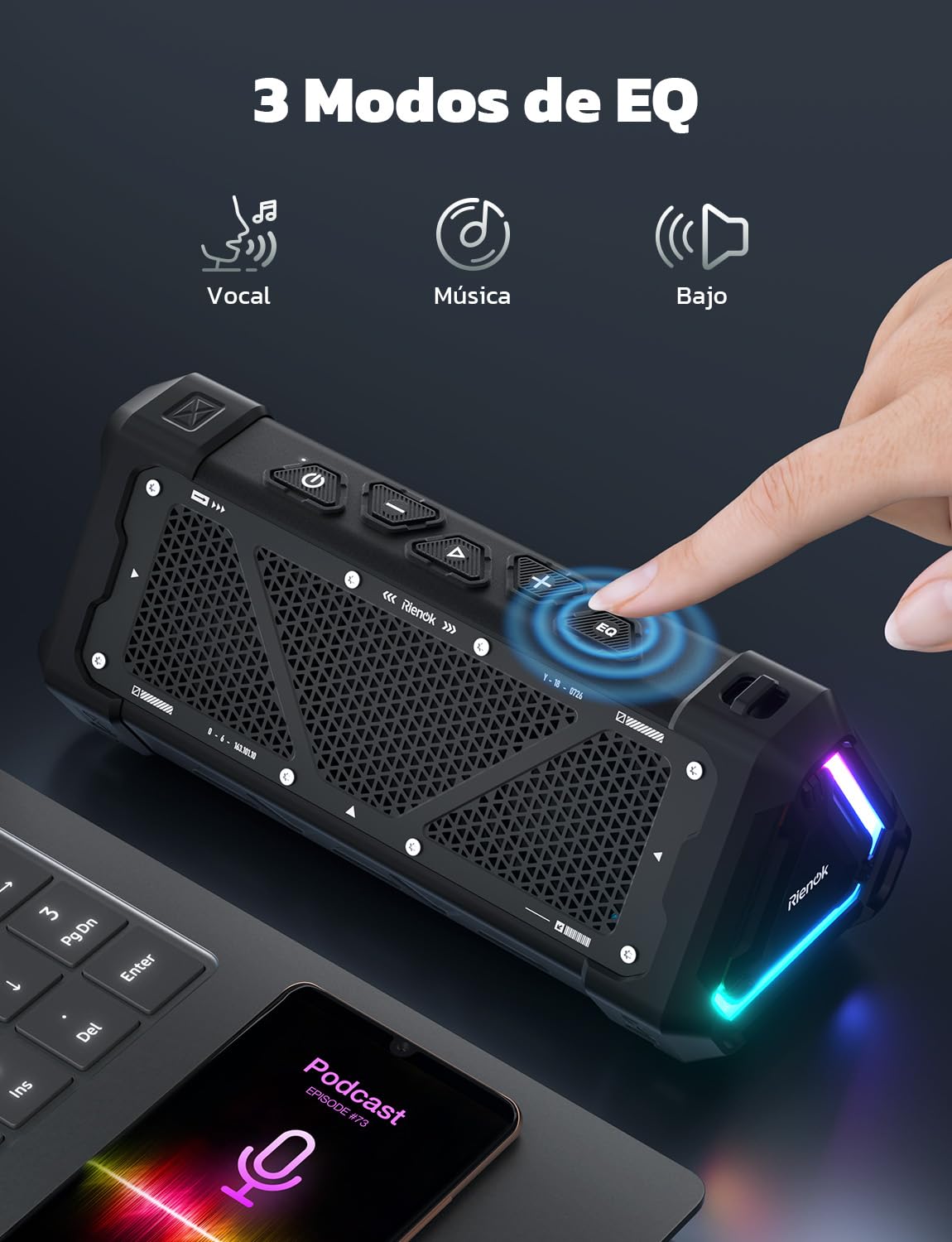 RIENOK S11 30W Altavoz Bluetooth Potente Impermeable IPX7 3 EQ Modos Bluetooth 5.3 Portátil Inalámbrica Dura 24 Horas Emparejamiento Estéreo Luz RGB Apoya Tarjeta TF