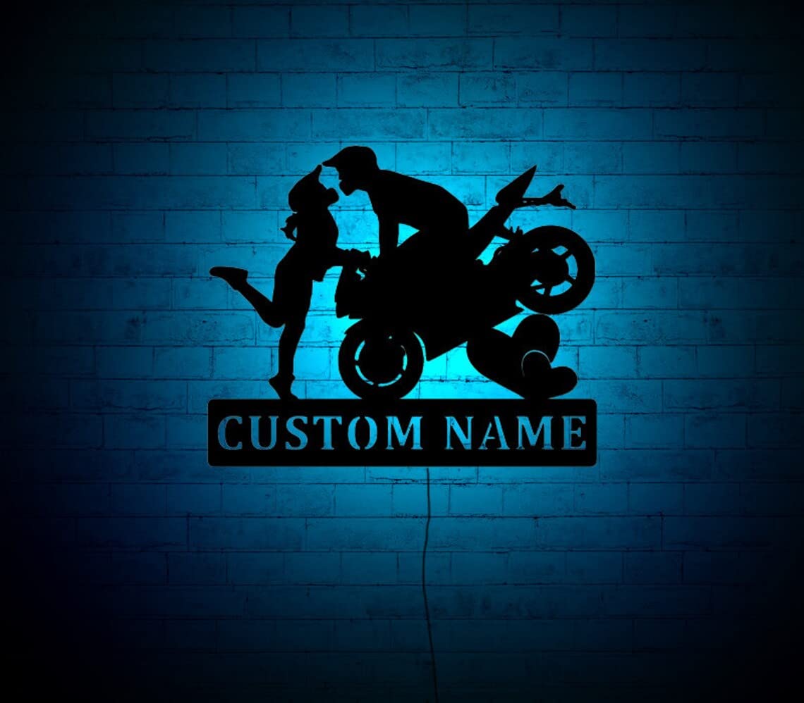 SHAYONA Custom Motorcycle Couple Riding Partner Wall Art with RGB Color Changing LED Light, Wall Decor, Home Decor, Birthday Gift, Personalized Gifts,18 x 6 Inches 1