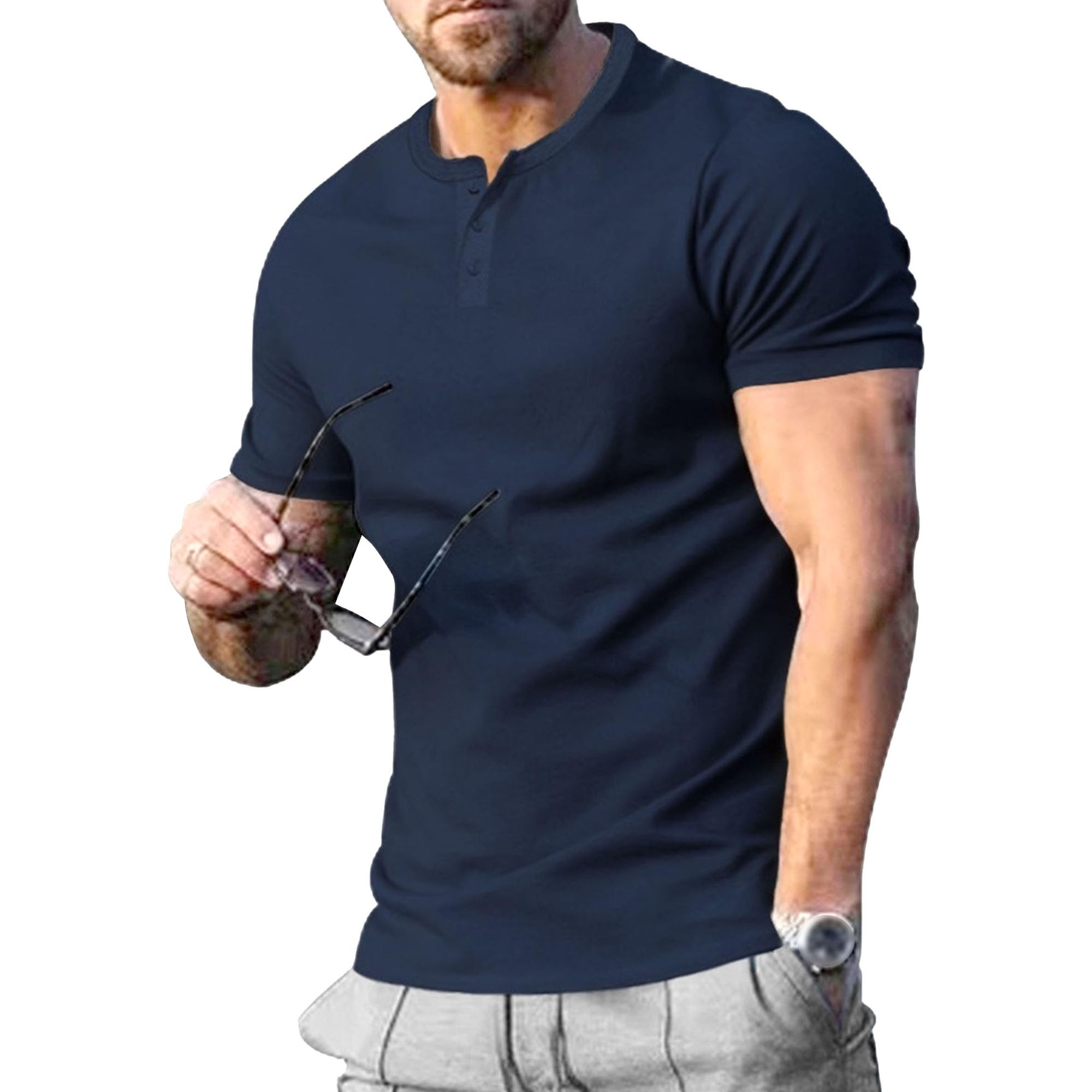 Zylphorix Men Short Sleeve Exercise Henry Shirt Round Collar Fashion Sport T Shirts Summer Slim Outdoor Daily Pullover (Dark Blue,3X-Large)