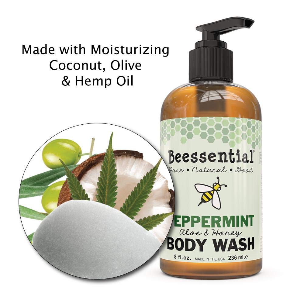 Beessential Natural Body Wash, Peppermint, Sulfate-Free Bath and Shower Gel with Essential Oils for Men & Women, 16 oz