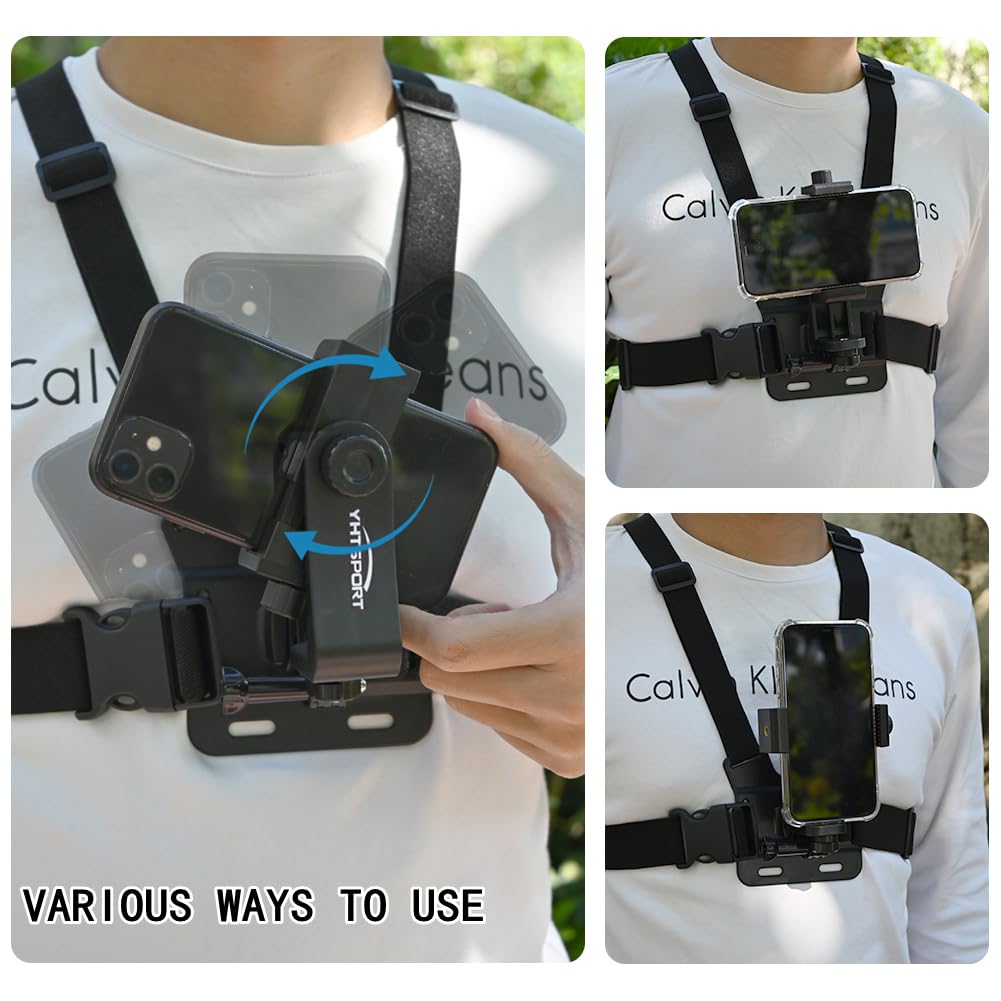 Arnés de Pecho Soporte de Pecho, Arnés para cámaras de acción, Correa de Soporte de Clip de Arnés de Soporte de Teléfono para GoPro Cámara de Acción y teléfonos + Trípode Portátil