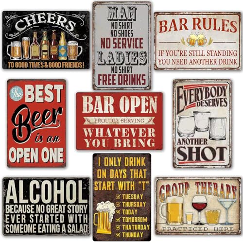 Product Image of the Funny Bar Signs For Home Bar Decor Metal Tin Signs Vintage Man Cave Sign Bar Accessories Garage Decor For Men Pub Wall Decor Open Rules Tin Sign 8×12 Inch (9 Pcs)