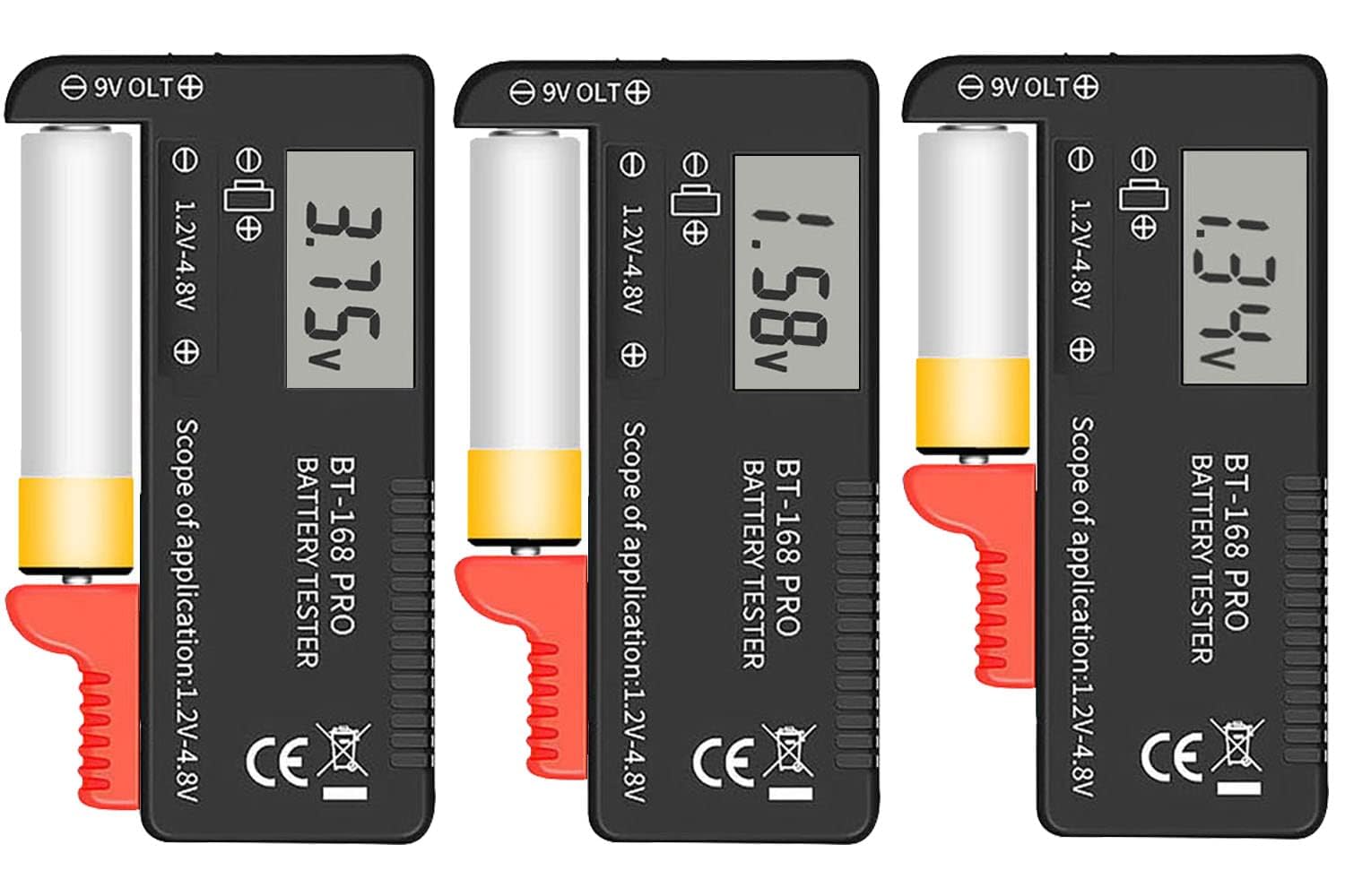 TERRIFI Battery Tester, 168PRO Digital LCD Battery Tester, 3 PCS Digital Battery Capacity Tester, for AA AAA C D 1.5V 3.7V 1.2~4.8V 9V Button Cell Batteries