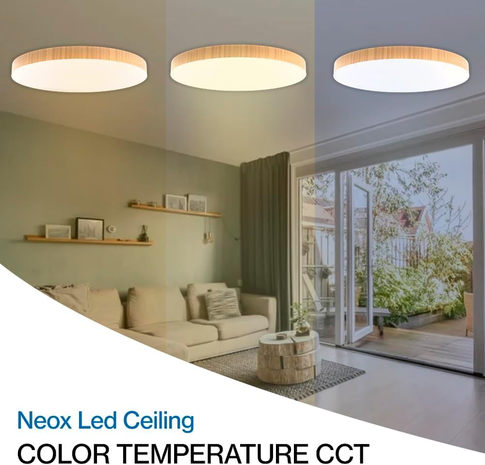 M Ledme - Lampa sufitowa LED Neox 50 W z drewna, temperatura barwowa CCT, idealna do kuchni, na balkon i do sypialni.