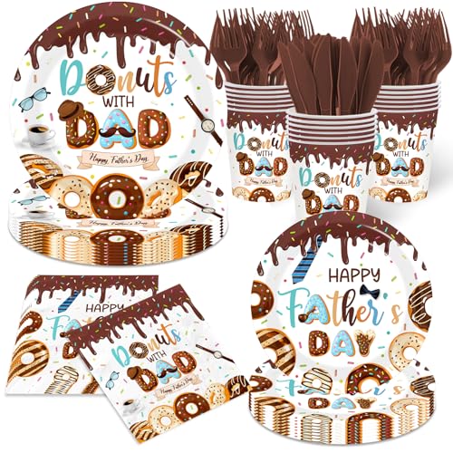 Donuts with Dad Decorations - 144Pcs Fathers Day Plates and Napkins Brown Donuts Coffee Best Dad Ever Tableware Happy Fathers Day Party Supplies