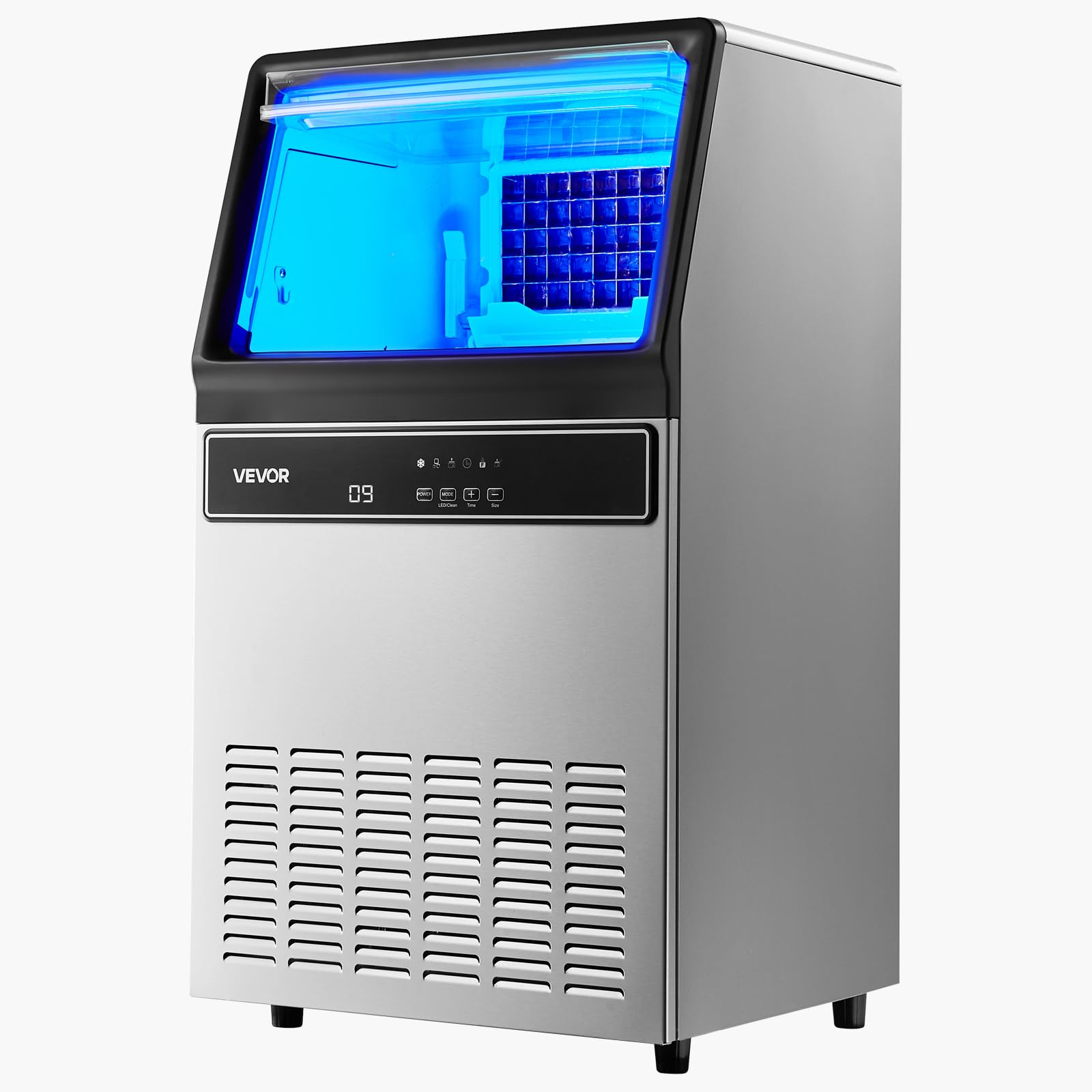 VEVOR Machine à Glaçons Commerciale 54,4 kg/24 h, Appareil de Préparation de Glaçons avec Capacité de Stockage de 15 kg, 45 Cubes par Cycle, avec Écran LED et Nettoyage Automatique, Restaurant Bar
