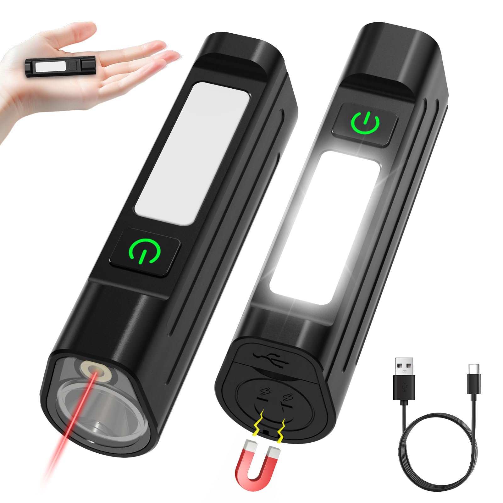 Piccola torcia magnetica ricaricabile con fascio rosso e luce da lavoro COB, torcia tascabile EDC, torcia tascabile da 1500 lumen, luce LED compatta IPX4 per presentazioni, giochi di animali domestici