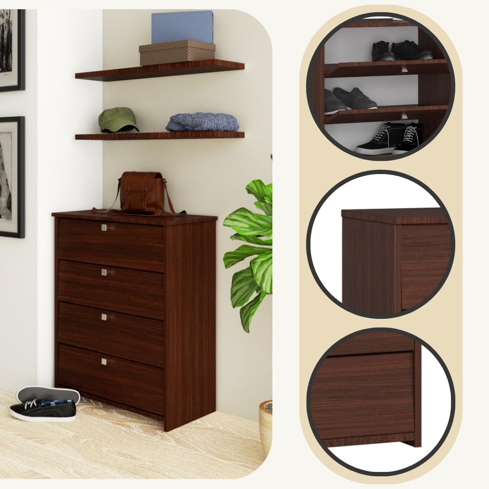 AKORD Zapatero con 4 Compartimentos y 4 Puertas abatibles | Puertas abatibles | Armario de Zapatos Cerrado | Contenedor de Zapatos | L60 x H80 x P33 cm, Peso 29 kg | Color: Wengé