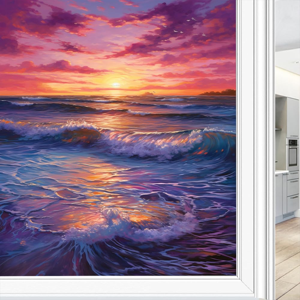 Vintage Watercolor Ocean Privacy window film Nature Scenery Fantasy Sunset Static Cling Window Film Home Windows Glass Decorative Door Covering Sun Blocking 70 x 120 cm