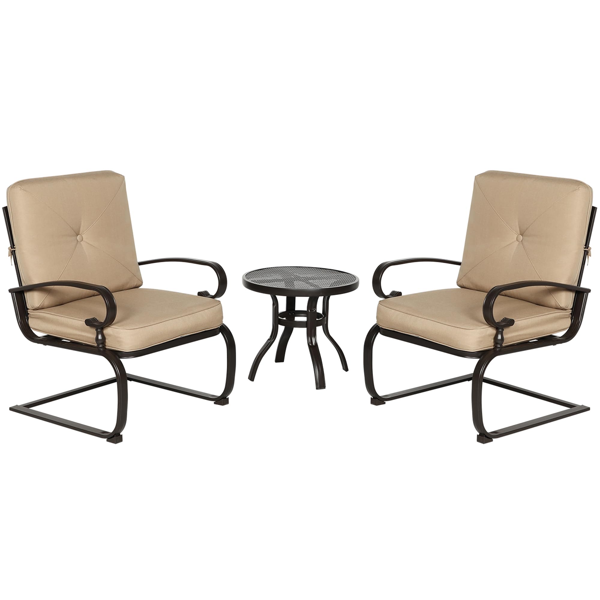 Incbruce Outdoor Furniture 3Pcs Patio Bistro Set, Springs Motion Chairs and Bistro Round Table Set, Metal Small Patio Conversation Set with Cushions (