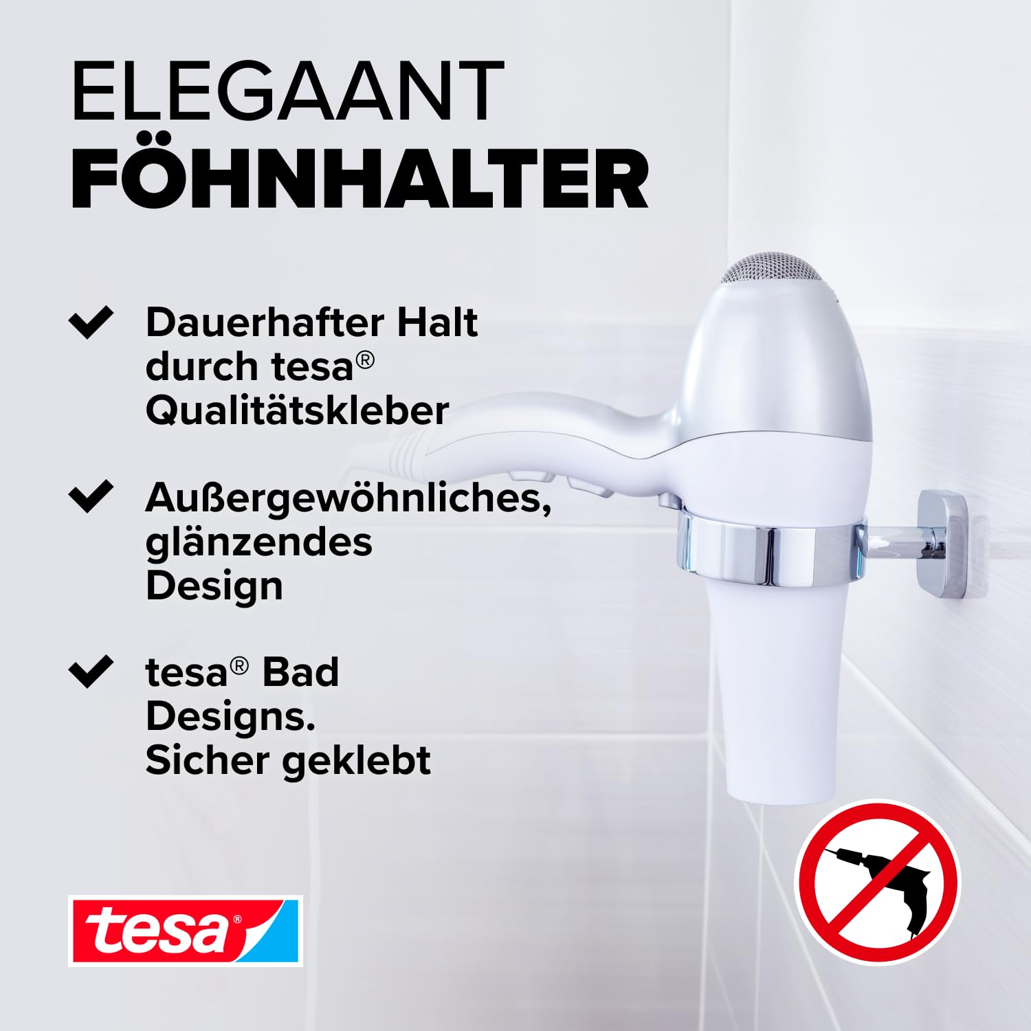 tesa ELEGAANT Fönhalter verchromt, edles Design, Metall, inkl. Klebelösung, starker Halt, 85mm x 50mm x 130mm
