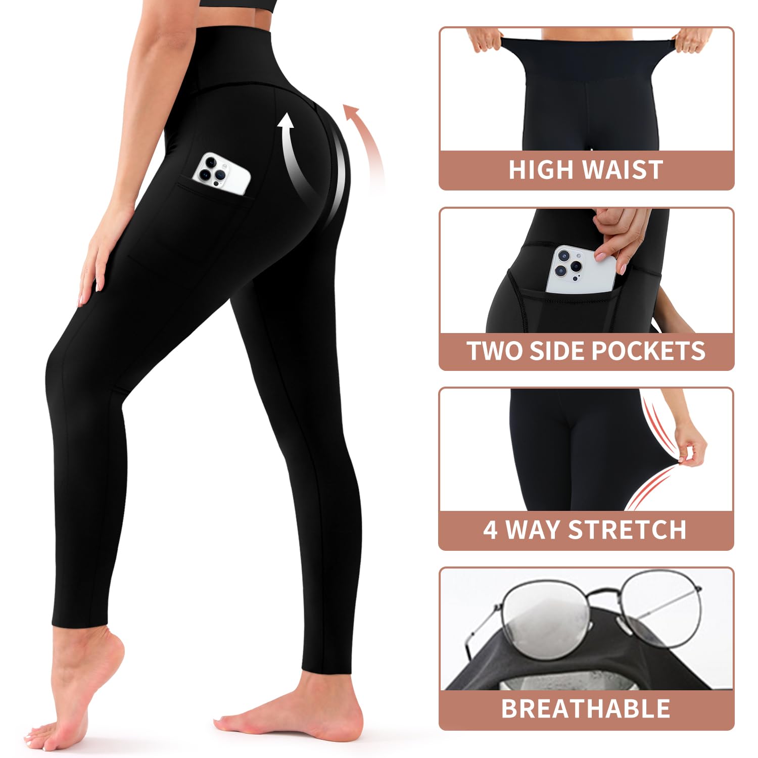 4 Pack Leggings for Women Butt Lift High Waisted Tummy Control No See-Through Yoga Pants Workout Running Leggings: 07-pockets-assort005 Small-Medium