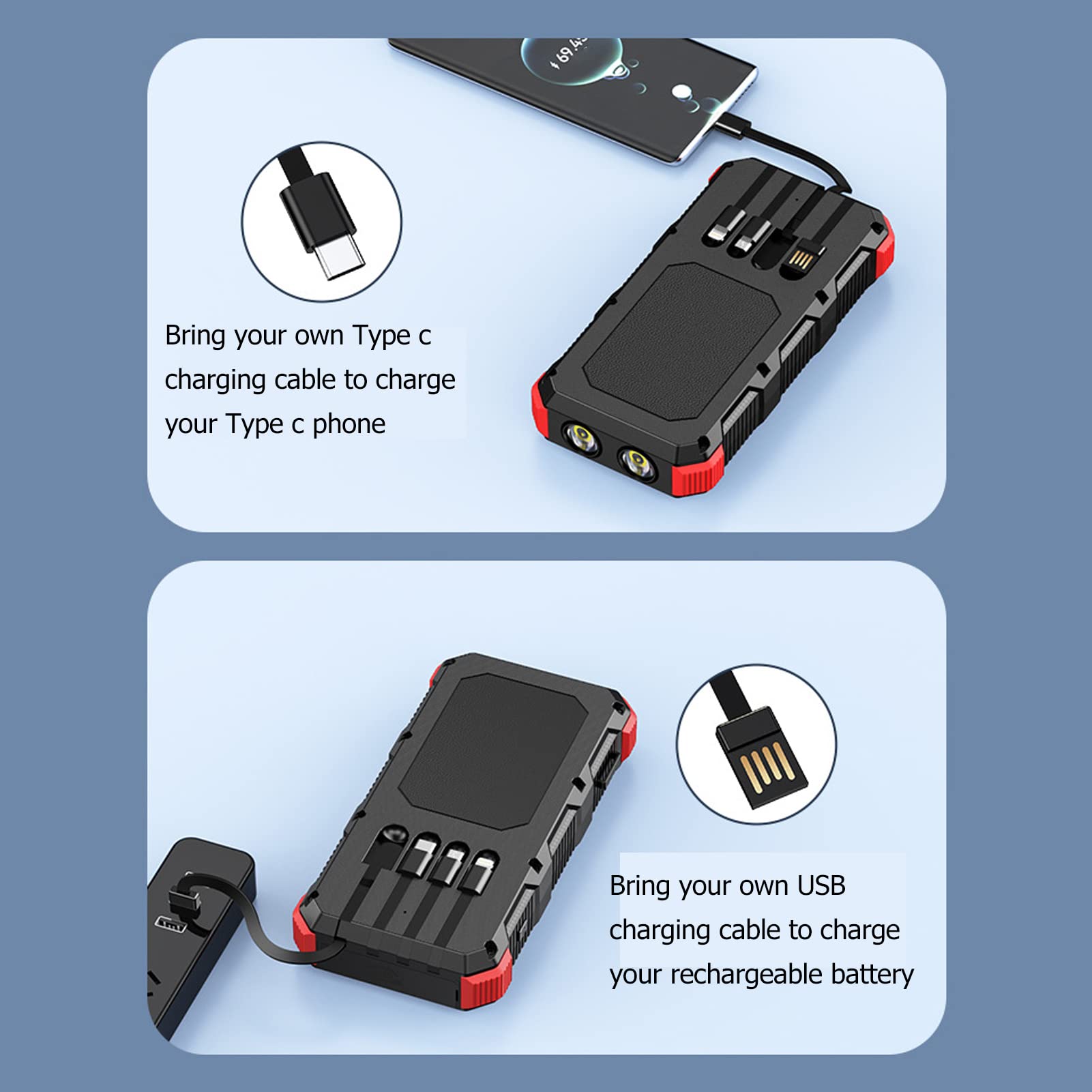 Chargeur Solaire ABS Phone Power Bank 36800 MAh Chargeur de Banque d'énergie Solaire 5 V 3 A avec 3 Ports USB Lumière LED et Entrées Multiples pour Camping, Randonnée, Voyage, (Rouge)