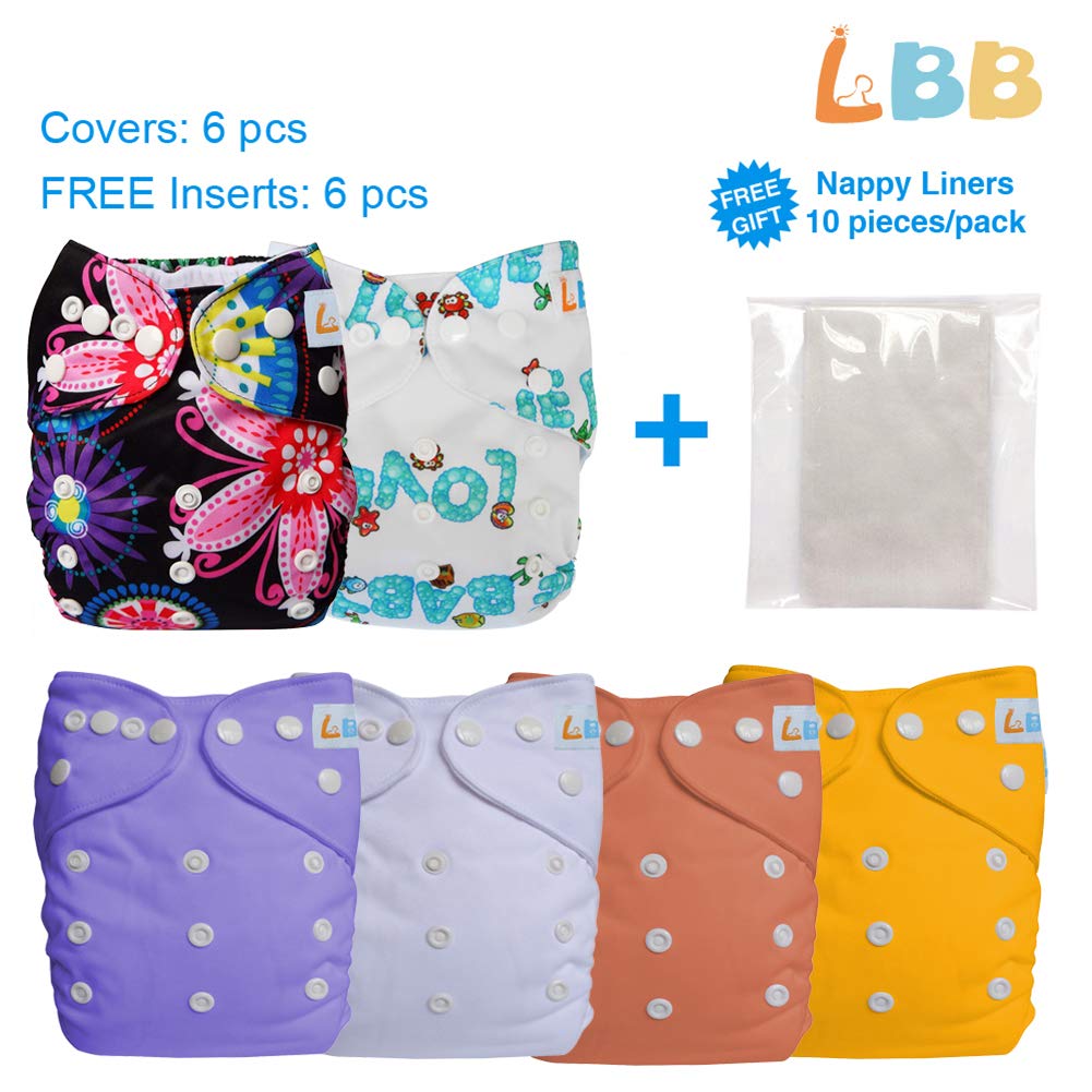 LBB 6 Pack One Size Baby Washable Reusable Pocket Cloth Diapers Covers with Inserts, 180