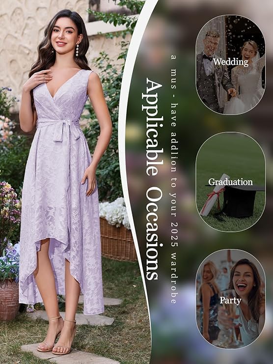 Women's Elegant Wedding Guest Dresses Jacquard Sleeveless A Line High Low Midi Length Formal Summer Dress with Belt4