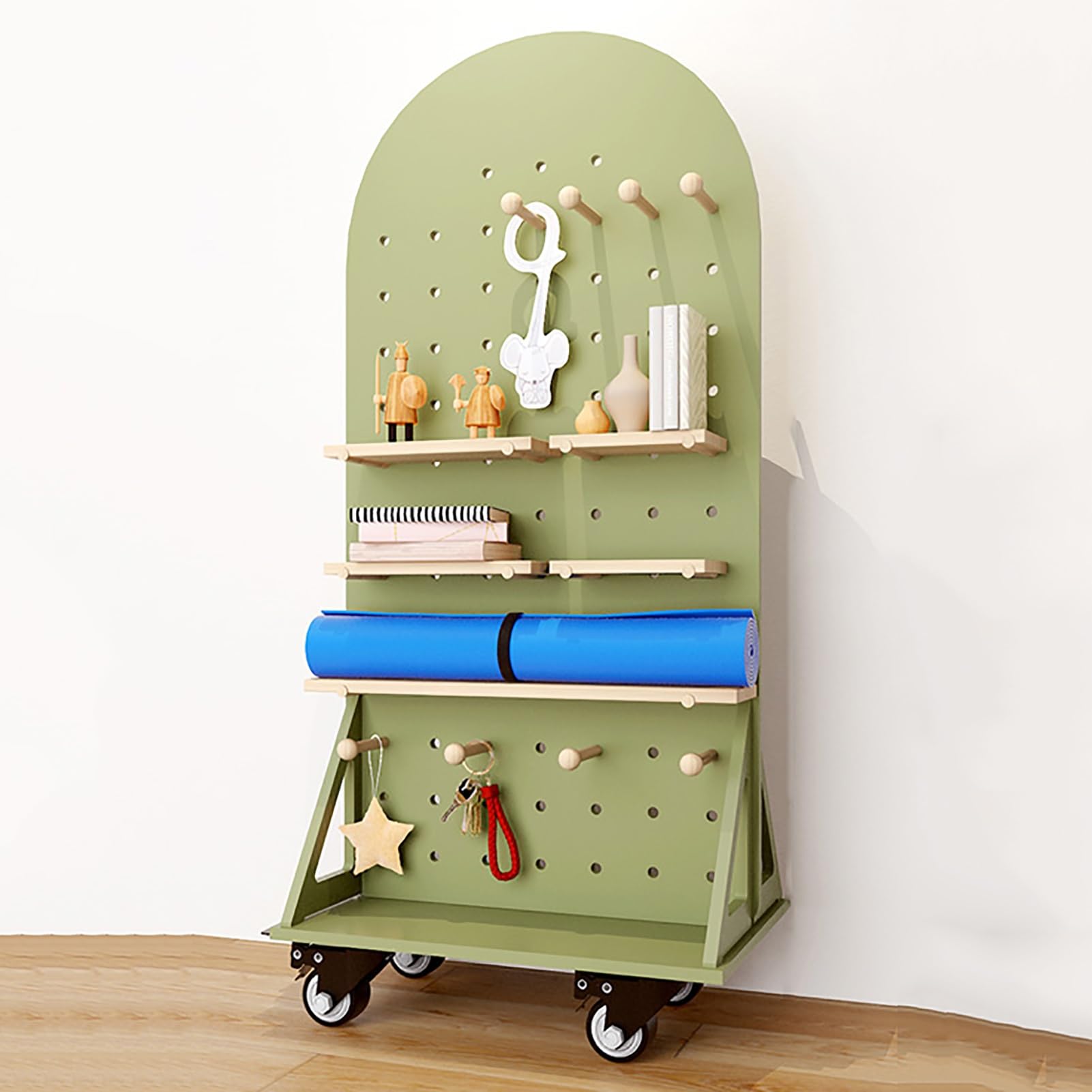 Lochplatte Holz, Beweglich Pegboard Mit Rollen, Werkzeugregal, 120×60 cm Lochblech für Zuhause, Büro, Handwerk (Color : Green, Size : With casters)