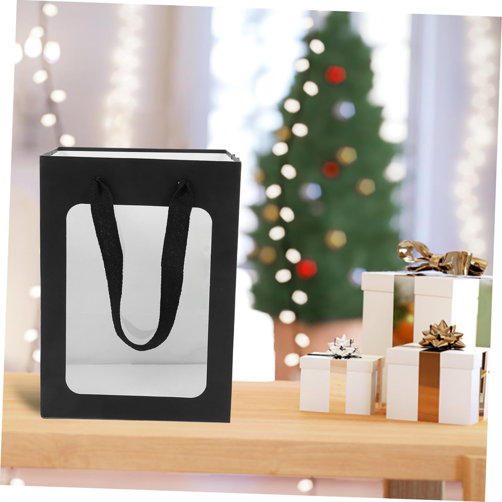 Schwarze Geschenktüten mit Fenster und Henkeln, 12 Stück, Papier