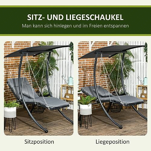 Outsunny Hollywoodschaukel, Gartenschaukel mit Kissen, Hängeliege mit Verstellbarem Sonnendach für Garten, Balkon, 108 x 145 cm x 169 cm, Stahl, Dunkelgrau