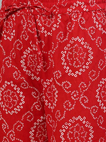 Image of ishin Women's Cotton Red Bandhani Jewel Neck Zari Embellished Peplum Kurta Set with Sharara and Dupatta