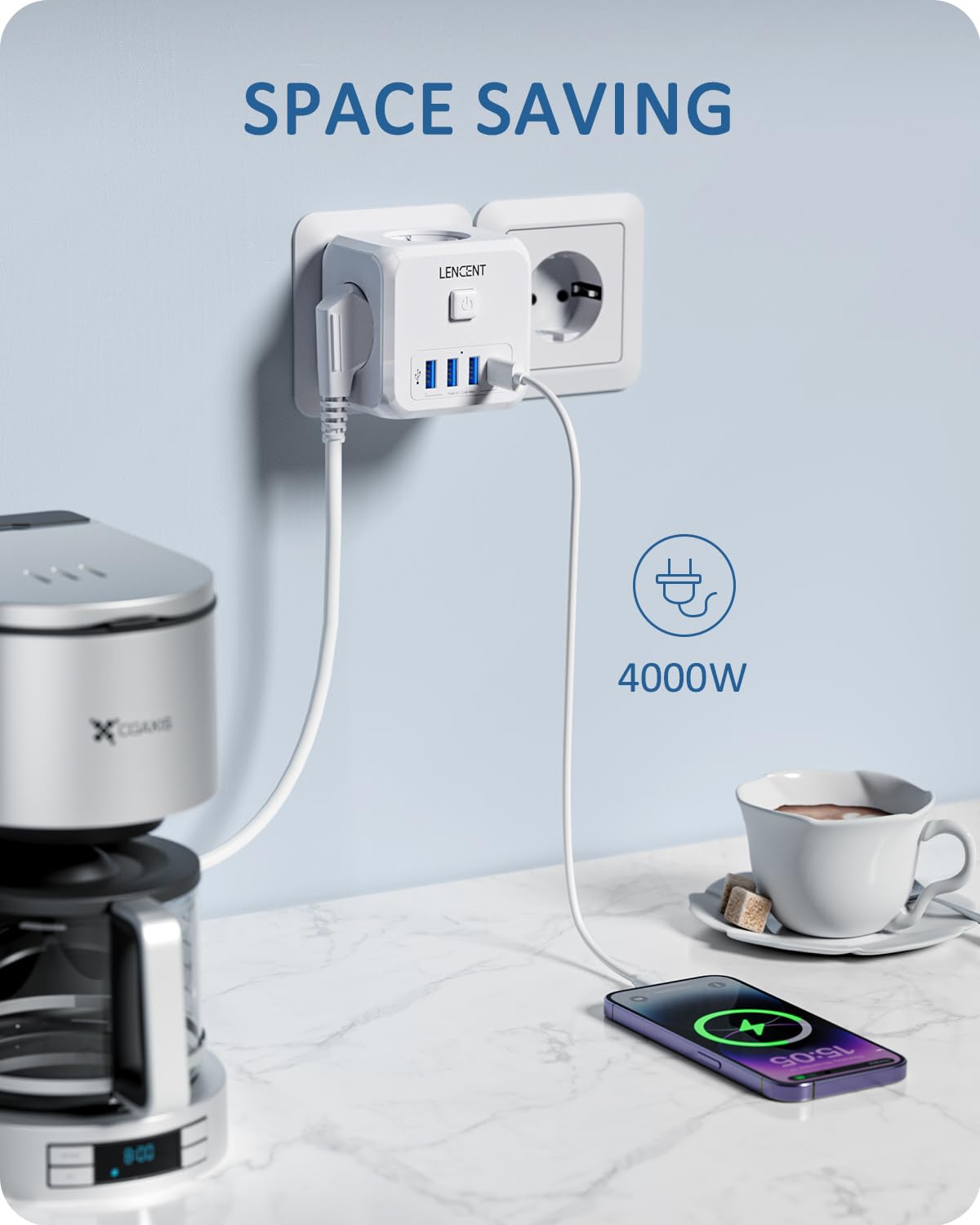 LENCENT Cubo Enchufe USB 7 en 1, Ladron Enchufes 4000W, Triple Múltiples Pared con 3 Tomas de CA, 3 USB-A, 1 Tipo C y Interruptor, Cargador Regleta Pared para Oficina, Cocina y Habitación