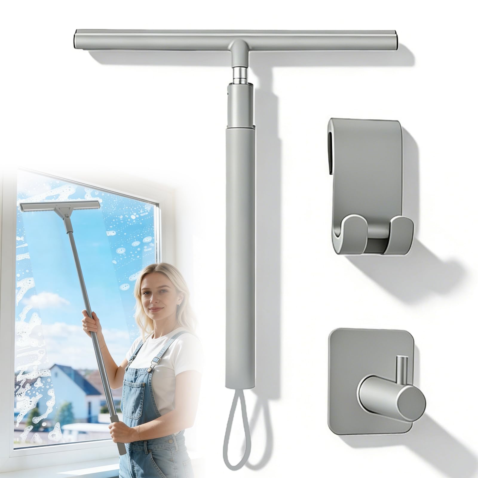 Estrattore doccia con manico lungo, estrattore doccia con manico telescopico, estrattore doccia allungabile, estrattore doccia regolabile, 30 – 120 cm, in silicone, per bagno e finestre, colore grigio