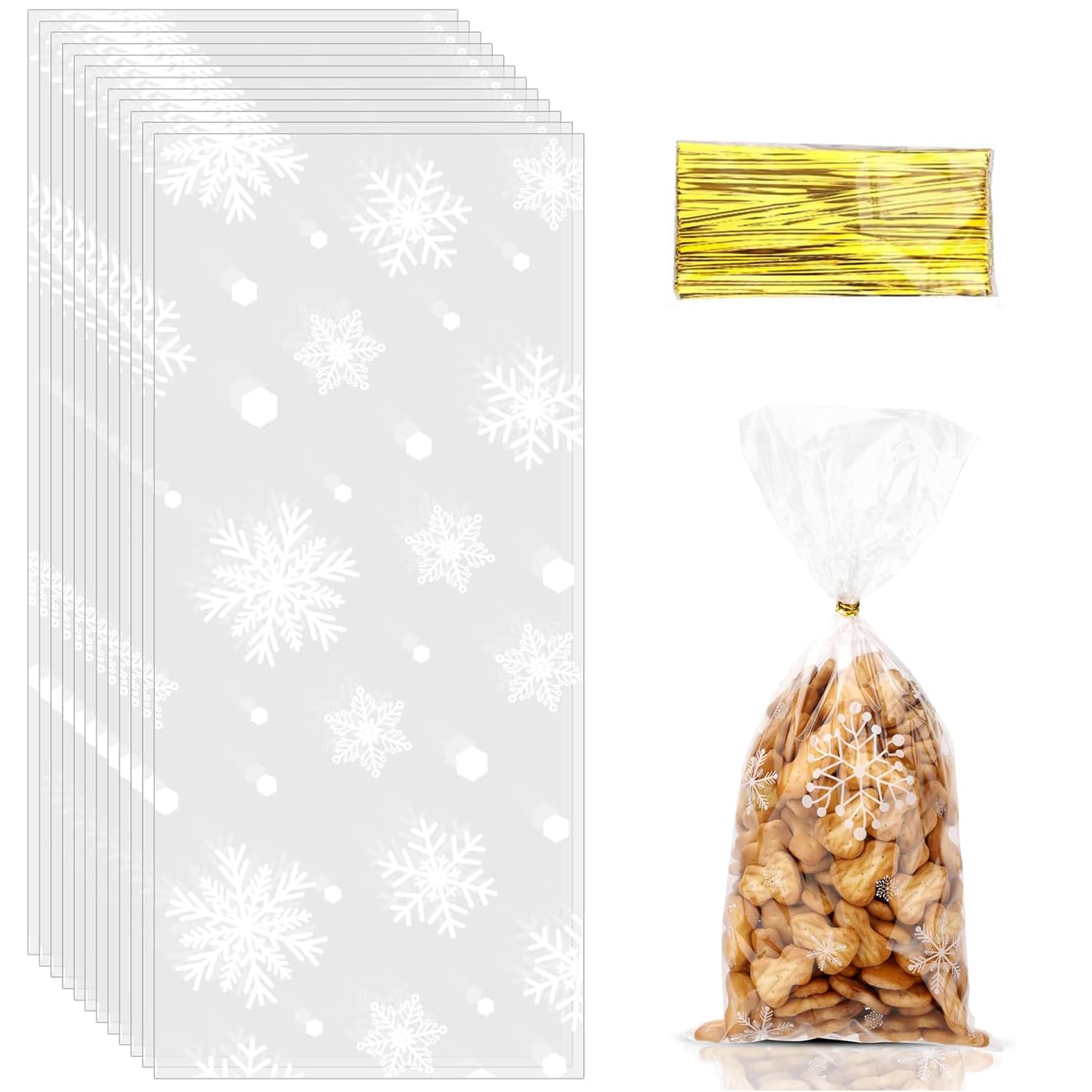 Confezione Da 100 Sacchetti Per Biscotti Natalizi, Sacchetti Per Caramelle Con Fiocchi Di Neve, Sacchetti In Cellophane Trasparente Con 100 Lacci, Per Caramelle, Biscotti, Cioccolatini