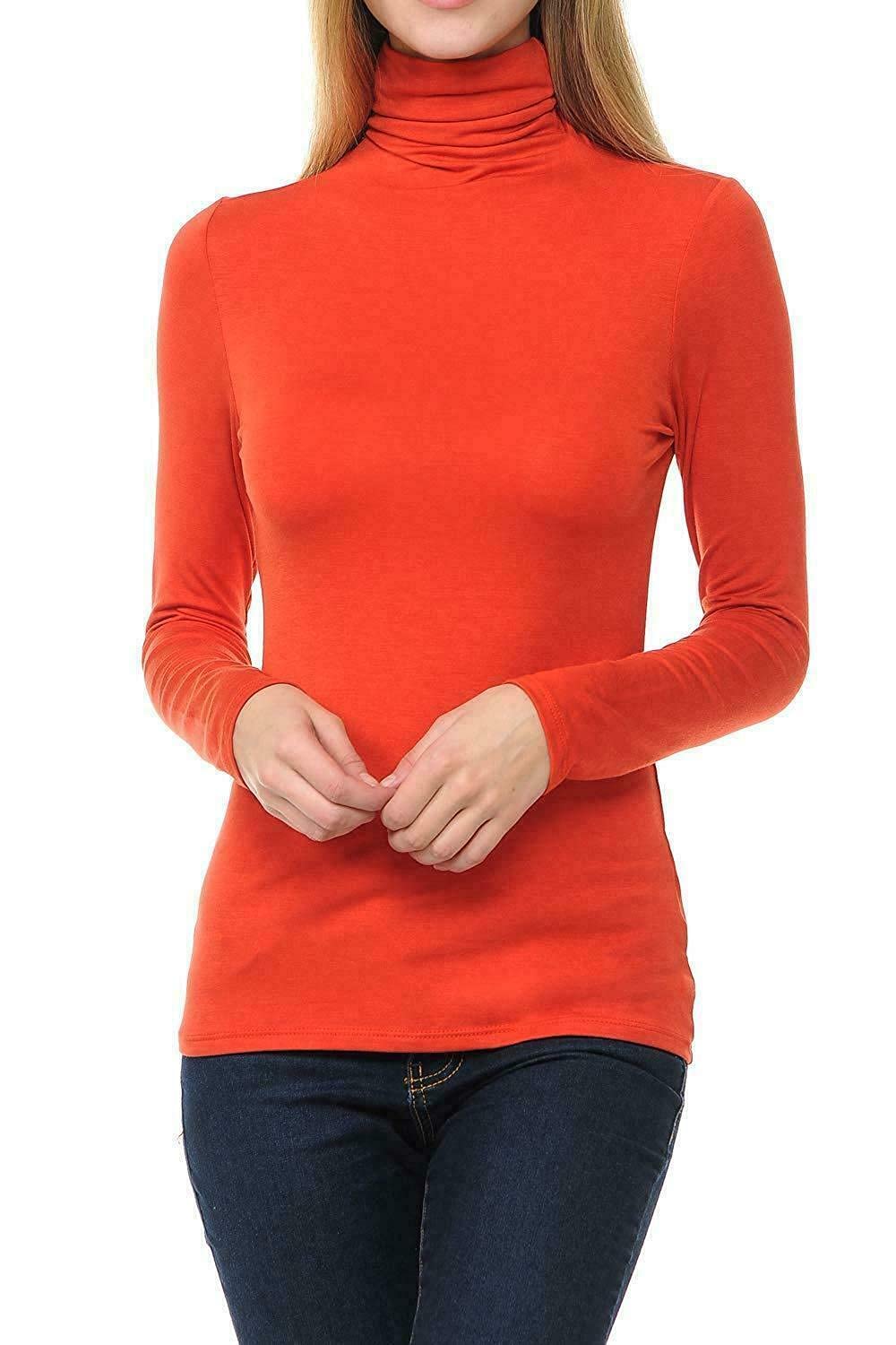 Ladies Women Basic Long Sleeve Plain Polo Turtle Neck Ladies Stretch Plus Size Top T Shirt (Red, XXL)