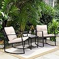 Greesum 3 Pieces Rocking Wicker Bistro Set, Patio Outdoor Furniture Conversation Sets with Porch Chairs and Glass Coffee Table, Beige