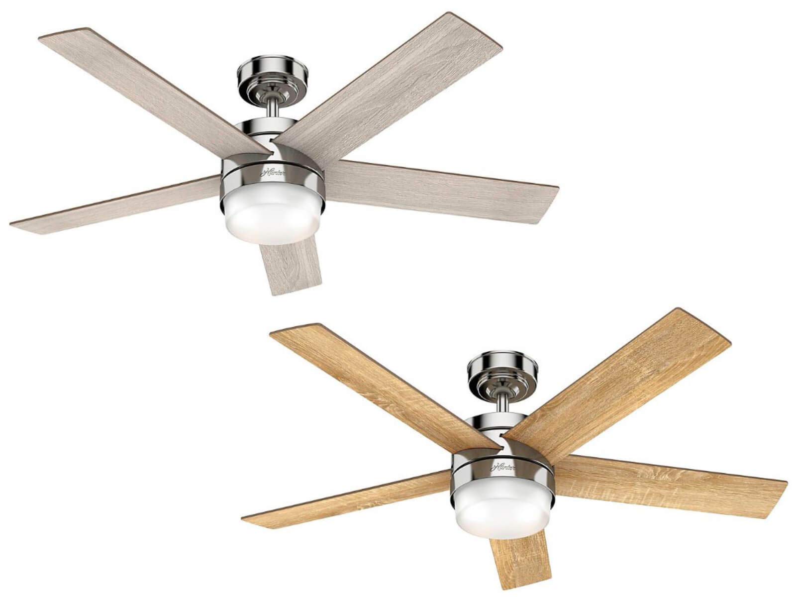 HunterFan Claudette,132 cm, Indoor Ceiling Fan with Light and Handheld Remote, Polished Nickel Finish, 5 Reversible Blades in Light Gray Oak and Drifted Oak, Ideal for Summer or Winter, Model 50652