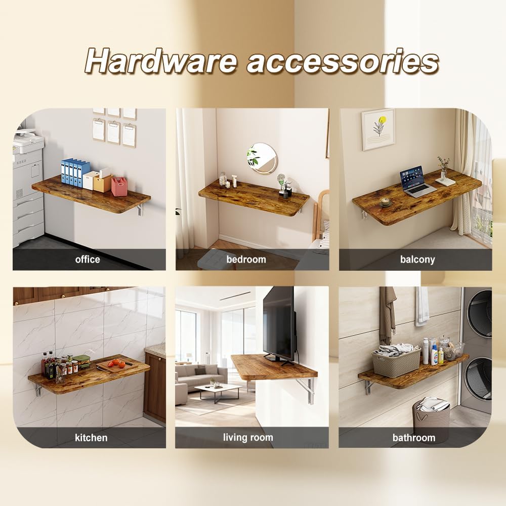 Rustic Wall Mounted Folding Table, Solid Wood Floating Shelf with Stainless Steel Brackets, Space Saving Desk for Home Office, Kitchen, Dining, Bar, Laundry Room