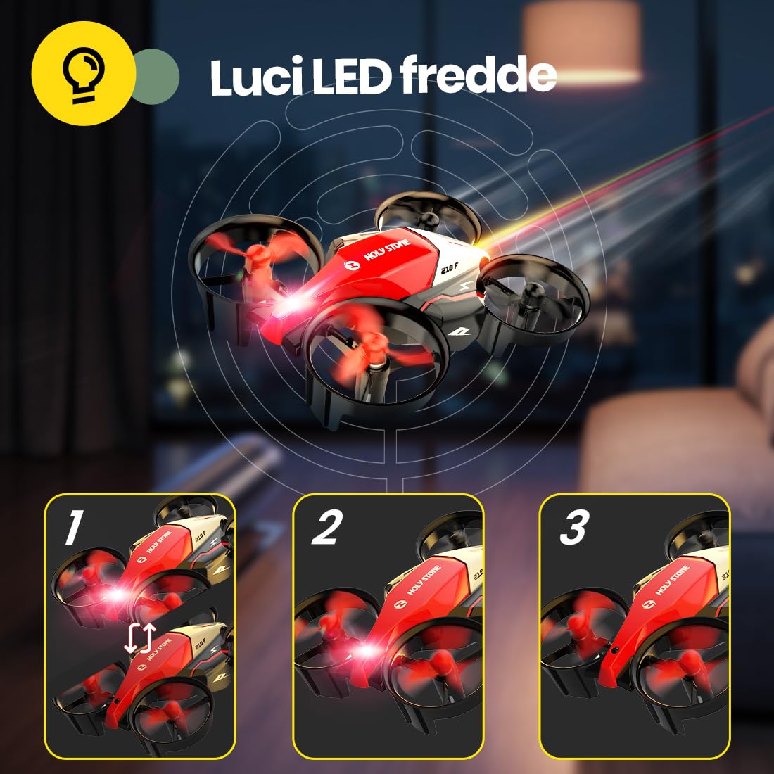 Holy Stone HS210F Mini Drone per Bambini, Quadcopter RC 2 in 1 per Interni con Luci LED, Modalità di Atterraggio e volo, 3D Flip, Batteria Sicura Modulare, Giocattolo Regalo per Ragazzi e Ragazze