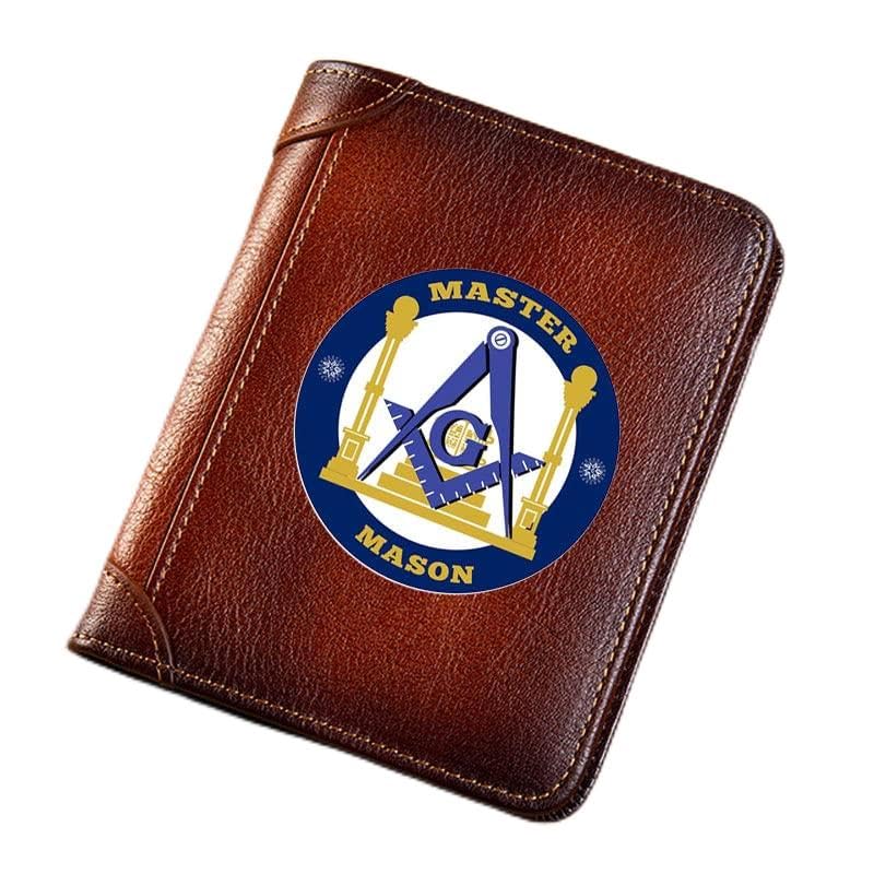 Unique Men's Genuine Leather Wallets with RFID Blocking, High Capacity Trifold Slim Vintage Short Wallet, Freemasons Masonic Symbol Card Holder Purse Luxury Male Gift Wallet,Brown,Style28