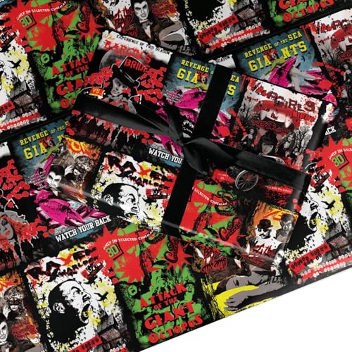 B Movie Poster Wrapping Paper - Halloween & Horror Gift Wrap for Birthdays Spooky Celebrations & Retro Film Lovers - Vintage Scary Movie Present Paper - Made in the UK - 2 Sheets (50x70cm)