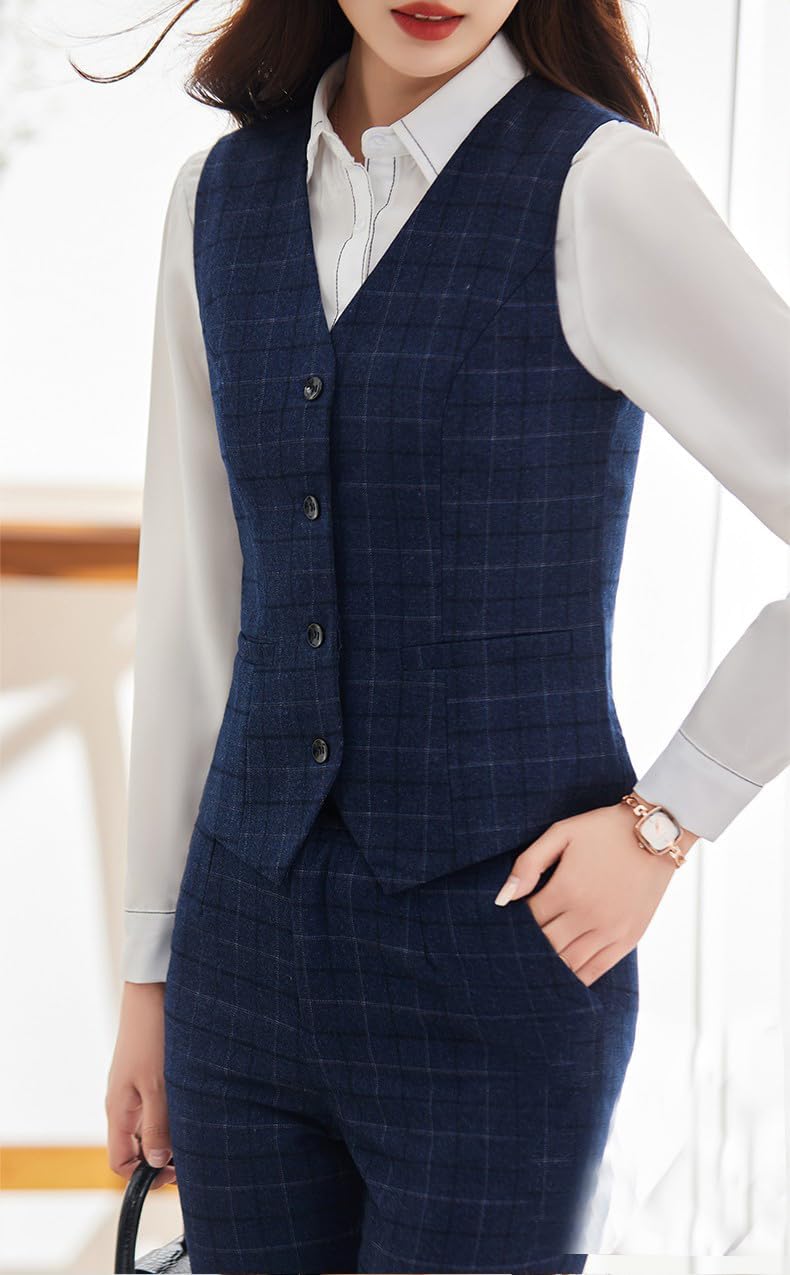 Women's Plaid Suit Three Pieces Single Breasted Button Jacket Vest Pants Office Work Checked Tuxedos