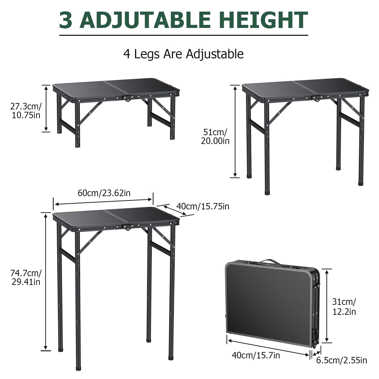 Tavolo Da Picnic Pieghevole In MDF Nero, 3 Altezze Regolabili (27,3/51/74,7 Cm), Gambe In Metallo, Portata 30 Kg, Per Esterno