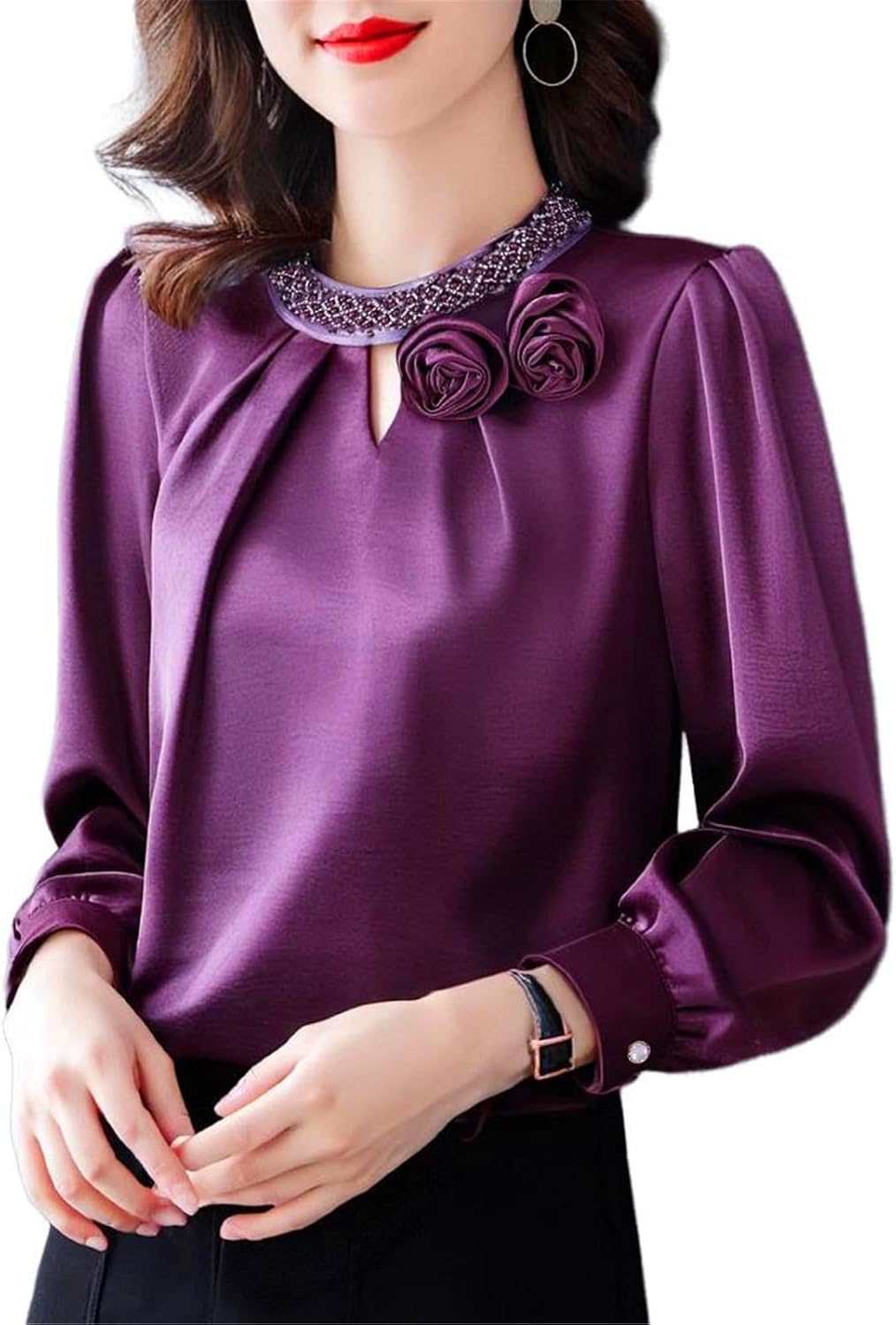 Womens Dressy Business Casual Blouse Spring Long Sleeve Satin Shirt for Women