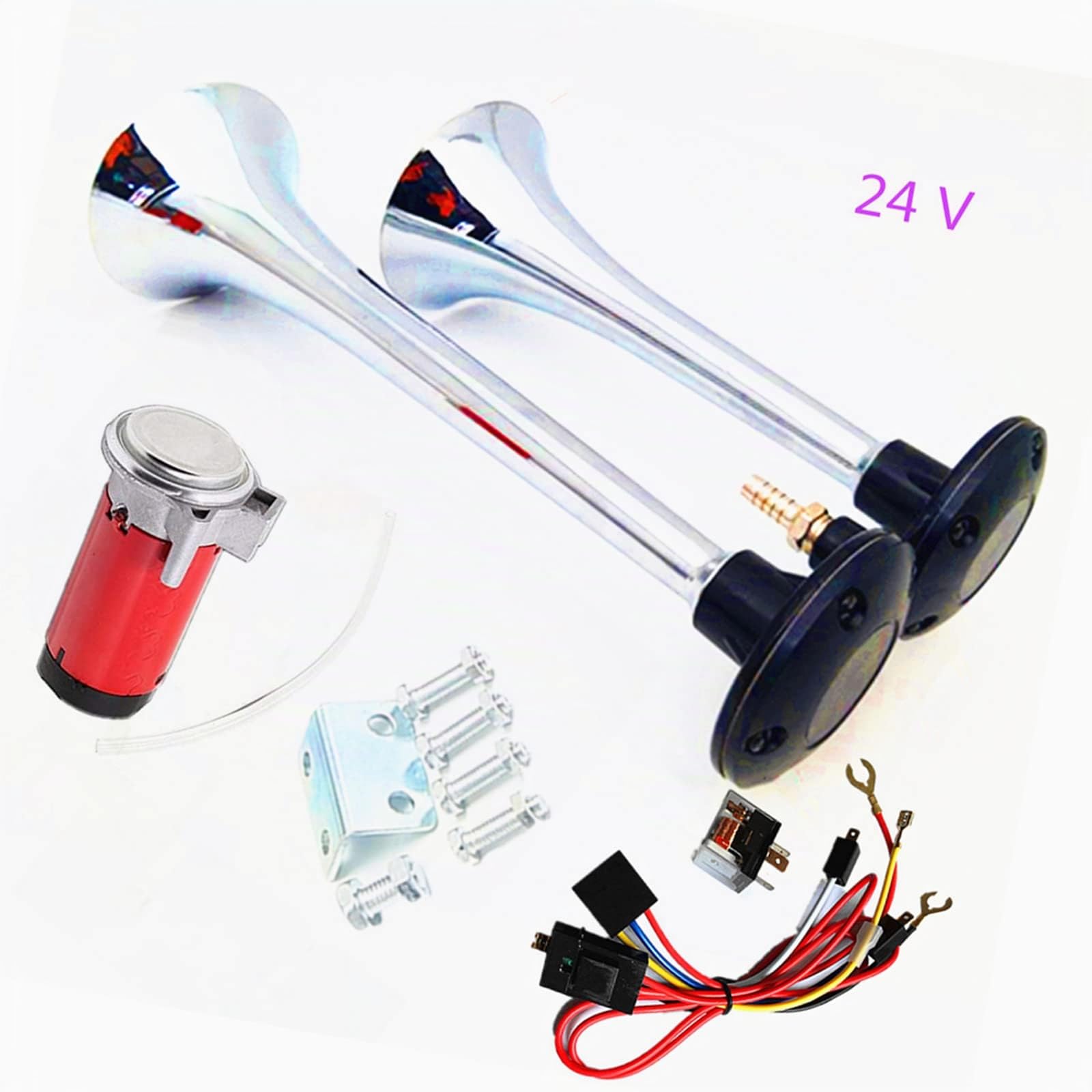 Klaxon de Voiture 150db 24V Haut-Parleur Chrome Zinc Argent Double Tube Trompette Avec Rouge Pompe à Air Pour Camion Bateau Moto