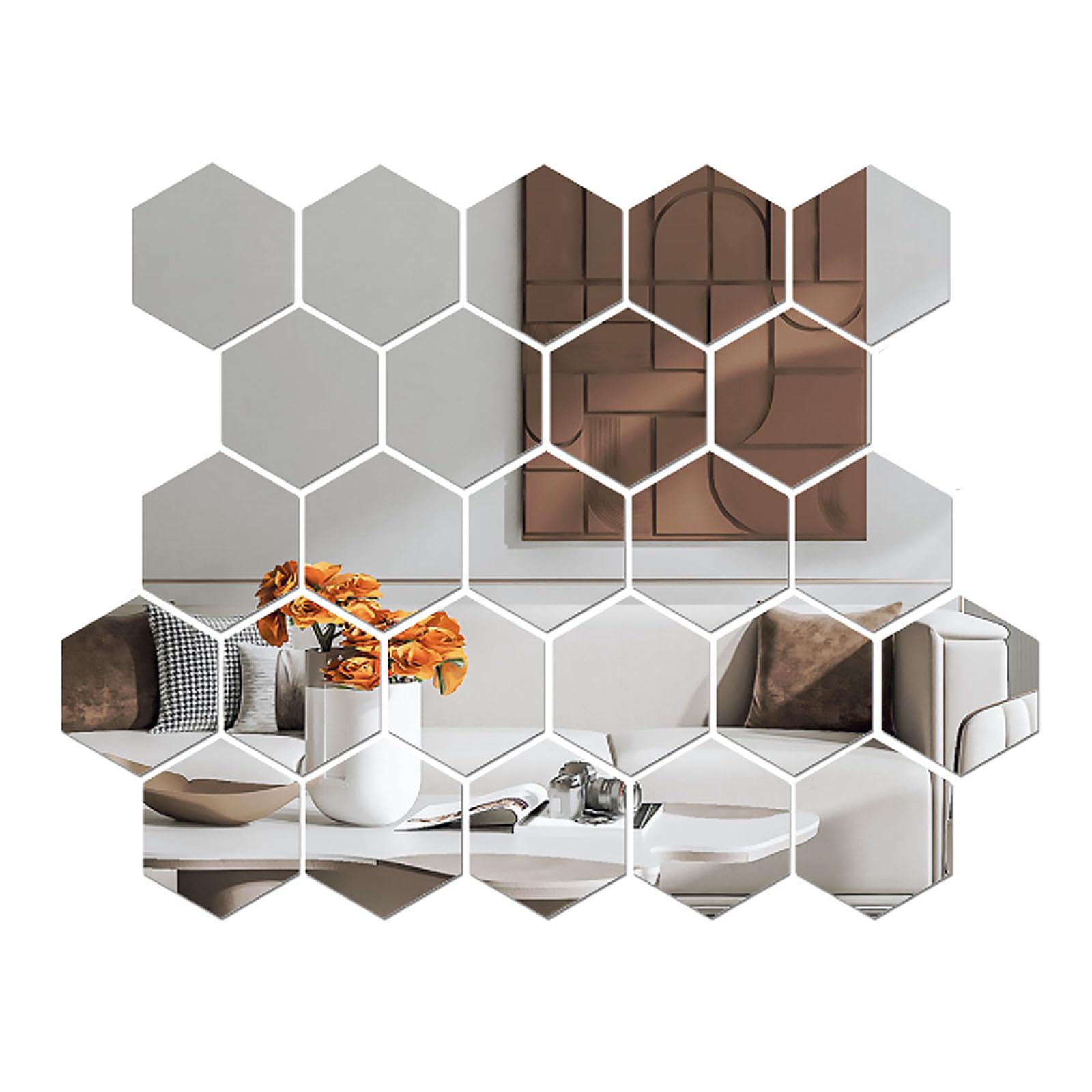 yufana 24 Pcs Decorative Hexagonal Acrylic Mirror, Removable Acrylic Hexagon Art DIY Mirror Plastic Wall Stickers Hexagon, for Home Office Bedroom