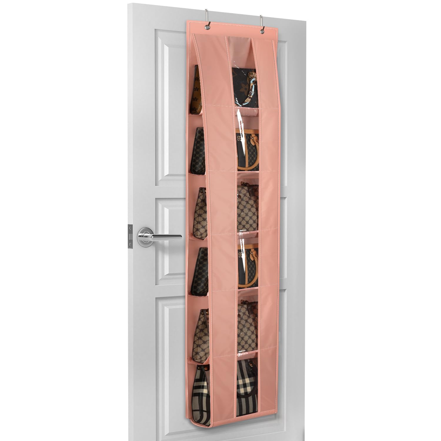 Lirex Over The Door Purse Organizer, Space-Saving Handbag Storage Closet Hanger for Scarves, Hats, Leggings, Light Pink