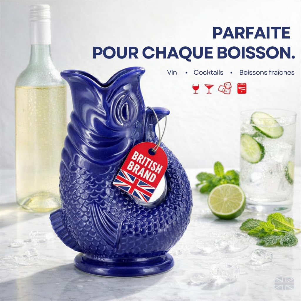 Carafe Glouglou Poisson Bubble Jug, Vase Pichet Vert Océan Foncé, Très Grand Pichet 1,5 Litre, Pièce Décoration Maison en Céramique pour les Cocktails, l'Eau et le Gin