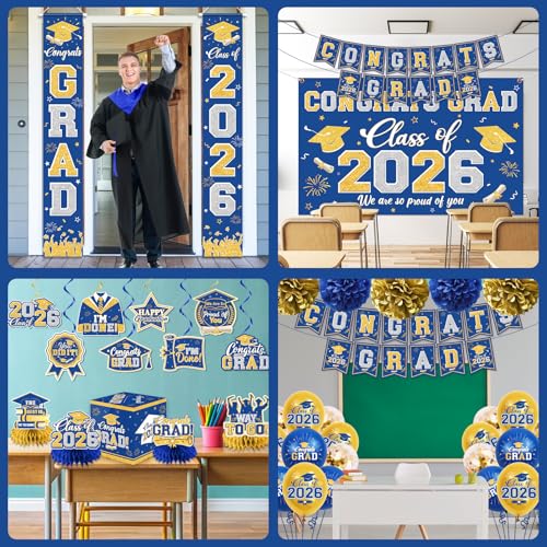Image of Graduation Decorations Class of 2026 Blue and Gold Graduation Decorations with Congrats Grad Banner,Backdrop,Porch Sign,Balloons,Hanging Swirls,Honeycomb Centerpieces,Box for Graduation Party Supplies