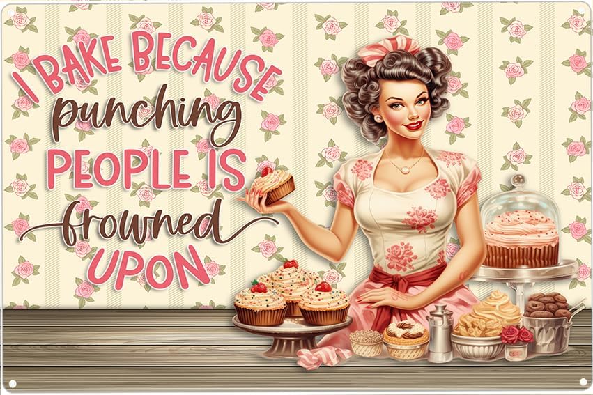 Letreros divertidos de cocina, con texto en inglés "I Bake Because Punching People Is Frowned Up", letrero de metal para decoración del hogar,