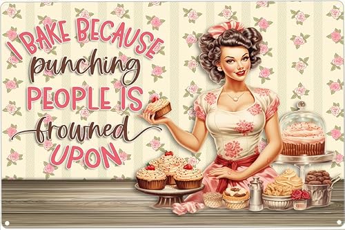 Funny Kitchen Signs, I Bake Because Punching People Is Frowned Upon, Metal Tin Sign for Home Decor, Vintage Kitchen Decor Gift for Women, 12x8 Inches